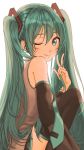  1girl ;) backlighting bare_shoulders blue_eyes blue_hair blue_neckwear detached_sleeves grey_shirt hair_between_eyes hand_in_hair happy hatsune_miku highres long_hair looking_at_viewer mo_nya_ra_(38945118) necktie one_eye_closed shirt simple_background skirt sleeveless sleeveless_shirt smile solo thighhighs thighs twintails upper_body v very_long_hair vocaloid white_background 