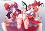  5_toes akabashiyu barefoot bat_wings blonde_hair blue_hair blush clothing dress duo eyelashes fangs feet female flandre_scarlet foot_focus hair hand_holding hat humanoid humanoid_feet interlocked_fingers looking_at_viewer membranous_wings open_mouth red_eyes remilia_scarlet sibling sisters smile soles toes touhou underwear upskirt vampire wings 