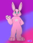  blue_eyes fur furryt_paw lagomorph looking_at_veiwer male mammal pink_fur rabbit smile waving 