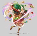  1girl bangs boots bow breasts cecilia_(fire_emblem) christmas christmas_ornaments christmas_present dated eyes_closed fire_emblem fire_emblem:_fuuin_no_tsurugi fire_emblem_heroes gold_footwear green_bow green_eyes green_hair kita_senri long_hair looking_at_viewer nintendo official_art open_mouth simple_background solo yellow_bow 