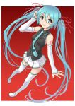  1girl alternate_color aqua_eyes aqua_hair bangs black_shirt blush boots border breasts detached_sleeves dutch_angle eyebrows_visible_through_hair full_body gradient gradient_background hair_between_eyes hatsune_miku katahira_masashi long_hair looking_at_viewer necktie pleated_skirt shirt skirt sleeveless small_breasts smile solo tattoo thigh_boots thighhighs twintails very_long_hair vocaloid white_border white_footwear white_skirt 