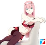  1girl aqua_eyes bangs black_legwear bra breasts cleavage collarbone crossed_arms darling_in_the_franxx eyeshadow hair_between_eyes hairband highres horns j_adsen legs_crossed lingerie long_hair looking_at_viewer makeup nail_polish navel panties pink_hair red_bra red_panties signature simple_background sitting smile solo straight_hair thighhighs thighs tongue tongue_out underwear very_long_hair white_background zero_two_(darling_in_the_franxx) 