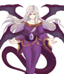  1girl bracelet dragon_tail dragon_wings dragonstone dress expressionless fire_emblem fire_emblem:_fuuin_no_tsurugi fire_emblem_heroes green_eyes heterochromia highres idoun jewelry mamkute nintendo pointy_ears purple_dress purple_wings red_eyes silver_hair simple_background strapless strapless_dress tail true_jek tumblr white_background wings 