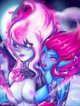  2girls assymetrical_docking black_sclera blue_skin breasts claws dual_persona evelynn evelynn_(old) facial_mark fiery_hair grey_skin hand_on_own_chest jamilsc11 large_breasts league_of_legends lipstick looking_at_viewer looking_to_the_side makeup moon multicolored_hair multiple_girls night night_sky nipples pink_eyes pink_hair pink_lips pink_sclera pointy_ears red_hair selfcest sidelocks sky slit_pupils stars white_hair yellow_eyes 