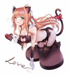  1girl animal_ears bangs blush bow bra breasts brown_hair cat_cutout cat_ears cat_keyhole_bra chocolate cleavage_cutout dated doki_doki_literature_club full_body garter gloves green_eyes hair_bow hair_ornament heart heart-shaped_pupils kevn large_breasts lingerie long_hair looking_at_viewer monika_(doki_doki_literature_club) smile symbol-shaped_pupils tail tongue tongue_out underwear 