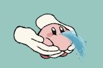  aqua_background black_eyes blush_stickers disembodied_hands fish_spitting_water holding kirby kirby_(series) meme mikan_38knight nintendo simple_background solo water 
