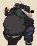  anthro belly belly_overhang big_belly black_fur bovid bovine burger cattle chubby_cheeks clothed clothing food fur holding_food holding_object hooves horn human human_to_anthro hyper hyper_belly love_handles male mammal midriff moobs morbidly_obese navel obese obese_male overweight overweight_male simple_background solo species_transformation standing stu-the-aggron sturaptor surprise thick_thighs torn_clothing transformation weight_gain white_background 