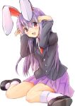  1girl :d animal_ears arms_up black_footwear blue_coat blush bunny_ears bunny_pose eyebrows_visible_through_hair hair_between_eyes head_tilt highres lavender_skirt leaning_over long_hair long_sleeves looking_at_viewer mary_janes necktie open_mouth pleated_skirt purple_hair red_eyes red_neckwear reisen_udongein_inaba shirt shoes simple_background sitting sketch skirt smile solo suit_jacket touhou very_long_hair wariza white_background white_legwear white_shirt yamabukiiro_(browncat) yokozuwari 