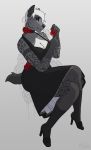  anthro breasts clothed clothing female flower footwear hair high_heels hyaenid khuraji looking_at_viewer mammal plant red_eyes rose shoes smile solo spotted_hyena white_hair 