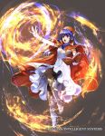  1girl action_pose blue_eyes blue_hair book boots cape dress fire fire_emblem fire_emblem:_fuuin_no_tsurugi fire_emblem_cipher holding holding_book lilina nintendo official_art open_mouth outstretched_arm wadadot_lv 