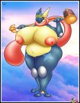  2019 absurd_res amphibian anthro anthrofied areola bds_charmeleon belly big_areolas big_belly big_breasts big_eyes breasts cute_eyes cute_smile dialogue digital_media_(artwork) english_text eyelashes eyewear female frog fur glasses hammer hi_res huge_breasts melee_weapon nintendo nipples nude open_mouth overweight pok&eacute;mon pok&eacute;mon_(species) pussy simple_background smile solo standing text thick_thighs tongue tools video_games voluptuous watermark weapon wide_hips 