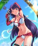  1girl aona_(kuuga19yuu) bangs bikini blue_eyes blue_sky blunt_bangs breasts center_opening choker cleavage cloud commentary_request cross cross_necklace earrings fate/grand_order fate_(series) frilled_bikini frills gauntlets gloves jewelry large_breasts navel necklace palm_tree purple_hair red_gloves saint_martha saint_martha_(swimsuit_ruler)_(fate) sky smile solo straight_hair swimsuit thigh_strap tree 