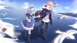  2girls bird blonde_hair blue_eyes dress fur_trim gloves hand_holding highres ice ice_skates lexington_(cv-16)_(warship_girls_r) multiple_girls seagull silver_hair skates snow warship_girls_r white_gloves zhixiang_zhi 