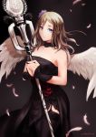  1girl artist_name bare_shoulders black_background black_dress black_legwear blue_eyes breasts brown_hair chiean cleavage closed_mouth dated dragon_nest dress elestra feathered_wings feathers female flower garter_straps hair_between_eyes hair_flower hair_ornament hands_together holding holding_staff light_smile lips long_hair looking_at_viewer solo staff standing strapless strapless_dress thighhighs white_feathers white_wings wings 