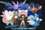  1girl bewear black_background black_hair clefable creature creatures_(company) crobat english_text flying game_freak gen_1_pokemon gen_2_pokemon gen_4_pokemon gen_7_pokemon highres holding holding_poke_ball long_hair looking_at_viewer miu_(miuuu_721) mizuki_(pokemon) nintendo poke_ball poke_ball_(generic) pokemon pokemon_(creature) pokemon_(game) pokemon_trainer pokemon_usum primarina rotom simple_background sitting tsareena 