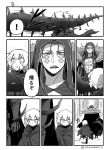  ! 1boy 1girl asaya_minoru bangs boots chest_tattoo cloak closed_mouth collarbone comic cu_chulainn_alter_(fate/grand_order) earrings eyebrows_visible_through_hair facial_mark facial_scar fate/grand_order fate_(series) greyscale hair_between_eyes hair_strand hood hood_up jack_the_ripper_(fate/apocrypha) jewelry lancer long_hair looking_to_the_side monochrome open_mouth scar scar_across_eye scar_on_cheek shoe_soles speed_lines spoken_exclamation_mark tail tattoo thigh_boots thighhighs torn_cloak torn_clothes translation_request twitter_username walking 