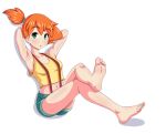  1girl barefoot belly breasts creatures_(company) eyebrows feet game_freak green_eyes kasumi_(pokemon) long_hair nintendo open_mouth orange_hair pokemon ponytail shirt shorts side_ponytail simple_background soles solo stomach tied_hair toes white_background 