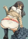  1girl ass ass_cutout bangs black_footwear black_hair black_legwear blue_background butt_crack cardigan collared_shirt dimples_of_venus dress_shirt frilled_panties frills grey_eyes highres kasetsu_03 keyhole_panties kneehighs loafers long_hair long_sleeves looking_at_viewer looking_back miniskirt off_shoulder open_cardigan open_clothes original panties pleated_skirt ribbed_legwear school_uniform shirt shoes skirt skirt_removed sleeves_past_wrists solo sweater top-down_bottom-up underwear white_panties white_shirt yellow_sweater zipper 