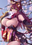  1girl animal_ears blurry blurry_background blurry_foreground braid breasts bright_pupils bursting_breasts cherry_blossoms cleavage cowboy_shot depth_of_field detached_collar detached_sleeves eyebrows_visible_through_hair eyeliner fox_ears hand_to_own_mouth highres huge_breasts impossible_clothes japanese_clothes kikumon kimono long_hair makeup no_panties o-ring o-ring_bottom obi original red_hair sash short_kimono side_braid side_slit skindentation smile solo whisker_markings wide_sleeves xiujia_yihuizi yellow_eyes 