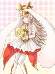  1girl animal_ears bunny_ears cleavage_cutout dress easter_egg egg fake_animal_ears fire_emblem fire_emblem_heroes flat_chest flower gloves grail grey_hair hair_flower hair_ornament highres holding long_hair nagisa_fe nintendo parted_lips polka_dot polka_dot_background red_eyes see-through short_dress solo veronica_(fire_emblem) white_gloves white_legwear 