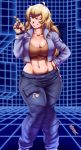  1girl ;d absurdres ahoge blonde_hair breasts capcom_vs_snk_2 cargo_pants cleavage collarbone commentary commission cropped_jacket crossover curvy english_commentary feet_out_of_frame grin groin hand_on_hip highres joe_shimamura large_breasts long_hair midriff navel one_eye_closed open_mouth pants prosthesis prosthetic_arm purple_eyes rwby smile solo sports_bra standing toned training_room yang_xiao_long 