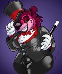  2019 4_fingers anthro black_lips blue_background canid canine clothed clothing digital_drawing_(artwork) digital_media_(artwork) female fur gloves hyaenid inflatable lockheedskunk magic_wand magician mammal multicolored_fur necktie nozzle pink_fur purple_nose rubber shiny simple_background solo suit toony 