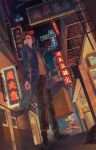  black_legwear black_pants black_sky blue_eyes brown_hair check_character commentary english_commentary fantastic_beasts_and_where_to_find_them from_below highres holding holding_wand jacket luggage male_focus neon_lights newt_scamander night pants scenery shoes sign standing utobira wand 