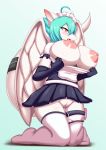 2019 absurd_res anthro areola big_areola big_breasts blush breasts clothed clothing dragon feathered_dragon feathers female fur furred_dragon hair hat hi_res huge_breasts kneeling legwear maid_uniform nipples open_mouth pussy ranshin red_eyes simple_background solo tailband tailzkim uniform wings 