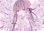  1girl arm_up bare_shoulders cherry_blossoms collarbone commentary_request crying crying_with_eyes_open dress fingernails flower hair_between_eyes hair_flower hair_ornament hair_ribbon hand_on_own_face head_tilt kisshou_mizuki lavender_background long_hair looking_at_viewer original parted_lips purple_eyes purple_hair ribbon short_sleeves solo standing strapless strapless_dress tears tree_branch upper_body very_long_hair water_drop 