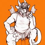  anthro clothed clothing dominate_(artist) dragon eyewear glasses horn humanoid_penis male multi_penis penis penis_through_leghole phone poking_out smile solo tongue tongue_out 