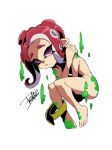  1girl full_body furrowed_eyebrows isamu-ki_(yuuki) knees_together_feet_apart long_hair looking_at_viewer nude octarian octoling parted_lips purple_eyes red_hair signature simple_background solo splatoon splatoon_(series) splatoon_2 splatoon_2:_octo_expansion suction_cups tentacle_hair white_background 