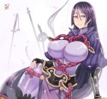  1girl b.d bangs black_gloves bodysuit bow_(weapon) breasts covered_navel fate/grand_order fate_(series) fingerless_gloves gloves highres katana large_breasts loincloth long_hair low-tied_long_hair minamoto_no_raikou_(fate/grand_order) parted_bangs purple_bodysuit purple_eyes purple_hair ribbed_sleeves rope smile solo sword very_long_hair weapon 