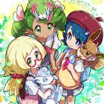  3girls alolan_form alolan_vulpix backpack bag beret blonde_hair blue_eyes blue_hair blush_stickers commentary_request creatures_(company) dark_skin drill_hair eevee game_freak gen_1_pokemon gen_4_pokemon gen_7_pokemon glasses green_eyes green_hair grey_skirt hair_ornament hand_on_own_knee hat highres holding holding_pokemon kingin lillie_(pokemon) long_hair looking_at_viewer mao_(pokemon) multiple_girls nintendo open_mouth pleated_skirt pokemon pokemon_(anime) pokemon_(creature) pokemon_on_head pokemon_on_shoulder pokemon_sm_(anime) ponytail popplio red-framed_eyewear red_headwear sailor_collar school_bag school_uniform semi-rimless_eyewear serafuku shaymin shirt short_hair short_sleeves skirt smile suiren_(pokemon) twin_drills twintails under-rim_eyewear vulpix white_sailor_collar white_shirt 