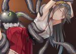  1girl armpits black_hair blush breasts closed_mouth commentary_request enemy_naval_mine_(kantai_collection) eyebrows_visible_through_hair eyes_closed hair_between_eyes hair_ornament hairclip haruna_(kantai_collection) headgear kantai_collection large_breasts long_hair nontraditional_miko pallad red_skirt sarashi skirt tentacle 