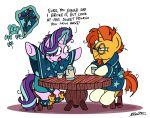  2019 bobthedalek clothing dialogue dressing_gown english_text equid eyewear female friendship_is_magic glasses hair hi_res horn kite male mammal messy_hair my_little_pony poncho robe slippers starlight_glimmer_(mlp) sunburst_(mlp) table teapot text unicorn 