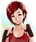  1girl bangs bare_shoulders boxing_gloves breasts cleavage clenched_hands closed_mouth clothes_writing collarbone commentary_request dead_or_alive dead_or_alive_6 fighting_stance gloves hands_up looking_at_viewer medium_breasts mila_(doa) natsumeg_999 red_hair short_hair simple_background smile solo sports_bra sweat upper_body yellow_eyes 
