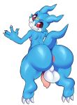  anthro anus backsack balls butt digimon digimon_(species) flaccid looking_back male nude penis simple_background smile solo standing thick_thighs veemon white_background wizzikt 