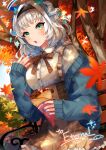  1girl autumn autumn_leaves bench berry blue_nails bow casual cream cream_on_face crepe dessert dress eating falling_leaves food food_on_face food_wrapper frilled_dress frills fruit green_eyes halo headband holding holding_food kamishiro_rita leaf maple_leaf nail_polish off_shoulder prism_project second-party_source solo strawberry wawatiku white_hair 