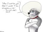  2019 5_fingers canid canine canis collar cone_of_shame crossed_arms ctahrpoe ctahrpoe_(character) digital_media_(artwork) frown fur grey_fur hair hi_res male mammal meme solo text white_fur wolf 
