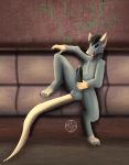  2019 anthro balls bedethingy cum digital_media_(artwork) digitigrade erection fur grey_fur hair humanoid_penis looking_at_viewer male mammal nude open_mouth penis rat rodent smile solo text 