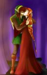  1boy 1girl bangs brown_hair couple dress elf embrace eyes_closed hand_on_head hat holding hugging kiss link long_hair nintendo pointy_ears ponytail princess princess_zelda red_dress red_hair shield the_legend_of_zelda triforce zelda_ii:_the_adventure_of_link 