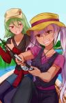  2girls alternate_costume artist_name boat chocojax dark_skin day fire_emblem fire_emblem_heroes fishing_rod green_hair hat highres holding jewelry laegjarn_(fire_emblem_heroes) laevateinn_(fire_emblem_heroes) long_hair long_sleeves multiple_girls necklace nintendo open_mouth outdoors pink_hair red_eyes short_hair short_sleeves siblings sisters sitting sweat thumbs_up twintails watercraft 