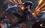  1girl alita alita:_battle_angel battle battle_angel_alita black_bodysuit black_footwear black_hair bodysuit boots breasts brown_eyes commentary cyborg facial_mark firing glowing glowing_gun_barrel glowing_sword glowing_weapon hair_between_eyes holding holding_sword holding_weapon indoors lips looking_away mechanical_arms medium_breasts open_mouth raikoart robot science_fiction shiny_clothes short_hair signature single_mechanical_arm sleeveless solo sparks sword weapon 