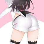  13o 1girl a.i._channel ass ass_focus black_hair breasts cowboy_shot highres kizuna_ai lace lace-trimmed_legwear long_hair long_sleeves medium_breasts pink_background shirt short_shorts shorts solo standing thighhighs thighs two-tone_background virtual_youtuber white_background white_legwear white_shirt white_shorts 