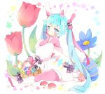  1girl animal animal_ears basket blue_eyes blue_flower blue_hair blush boots bow bunny bunny_ears closed_mouth commentary detached_sleeves easter_egg egg english_commentary fake_animal_ears flower hairband hatsune_miku highres knee_boots long_hair long_sleeves multicolored multicolored_eyes pantyhose pink_eyes pink_legwear pink_shirt puffy_long_sleeves puffy_sleeves purple_bow red_flower shirt short_jumpsuit sitting solo star striped striped_bow tsukiyo_(skymint) twintails very_long_hair vocaloid white_background white_footwear white_hairband white_jumpsuit white_sleeves 