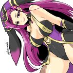  1girl animal_ears bare_shoulders black_gloves braid breasts bunny_ears cleavage elbow_gloves fake_animal_ears fire_emblem fire_emblem_heroes flower gloves hair_flower hair_ornament highleg highleg_leotard large_breasts leotard loki_(fire_emblem_heroes) long_hair matching_hair/eyes nintendo parted_lips purple_eyes purple_hair simple_background solo twitter_username white_background yukia_(firstaid0) 
