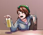  1girl alcohol beret brown_eyes brown_hair creatures_(company) eyebrows female_protagonist_(pokemon_swsh) game_freak hat highres matching_hair/eyes nintendo open_mouth pokemon pokemon_(game) pokemon_swsh s_turnips shirt short_hair signature solo sweater 