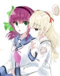  2girls angel_beats! bangs blonde_hair blush brown_eyes closed_mouth eyebrows_visible_through_hair green_eyes hair_between_eyes hair_ornament hair_ribbon highres hug hug_from_behind key_(company) long_hair long_sleeves looking_at_viewer multiple_girls open_eyes open_mouth purple_eyes ribbon school_uniform shirt short_hair simple_background twintails white_background white_shirt yuri_(angel_beats!) yusa_(angel_beats!) zuzuhashi 