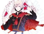  1boy ace_(fft-0) akademeia_uniform blonde_hair blue_eyes cape card eye_contact facing_viewer final_fantasy final_fantasy_type-0 holding jacket looking_at_another looking_at_viewer male_focus medium_hair scarf school_uniform short_hair solo weapon 