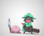  1boy closed_mouth crossover deltarune gatling_gun glasses gradient gradient_background grey_background hat highres kirby kirby_(series) knife looking_at_viewer meme nintendo ralsei red_miso robe round_eyewear scarf smile trait_connection 